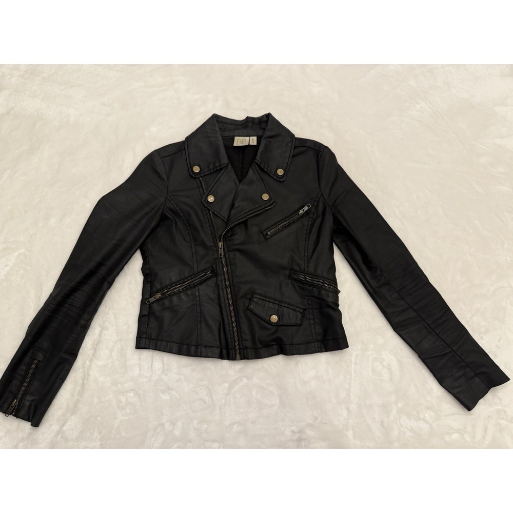 BP Nordstrom Womens Black Faux Leather Coated Moto Jacket XXS Asymmetric Zip